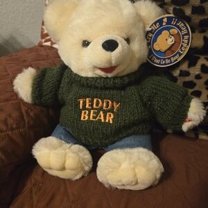 Teddy Bear Plush Toy with Green Sweater He Also Sings Let Me Be Your Teddy Bear